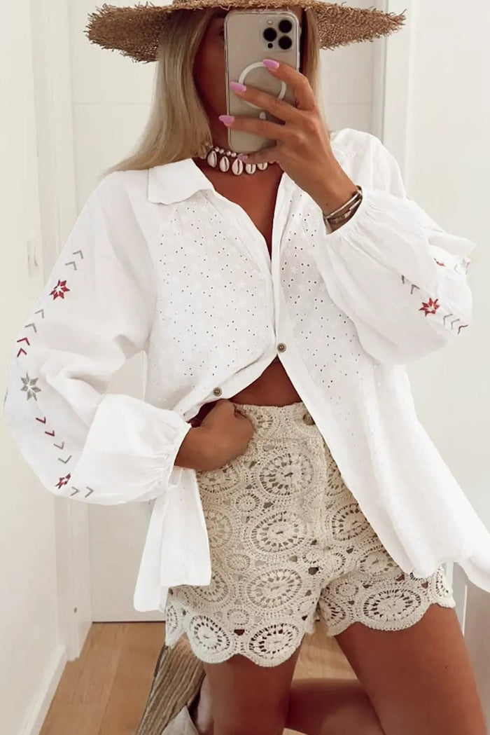 Shop White Floral Embroidered Puff Sleeve Eyelet Patchwork Shirt at eAura