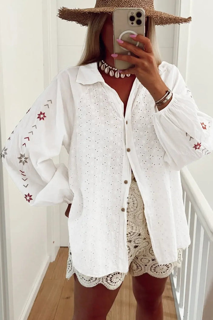 Shop White Floral Embroidered Puff Sleeve Eyelet Patchwork Shirt at eAura