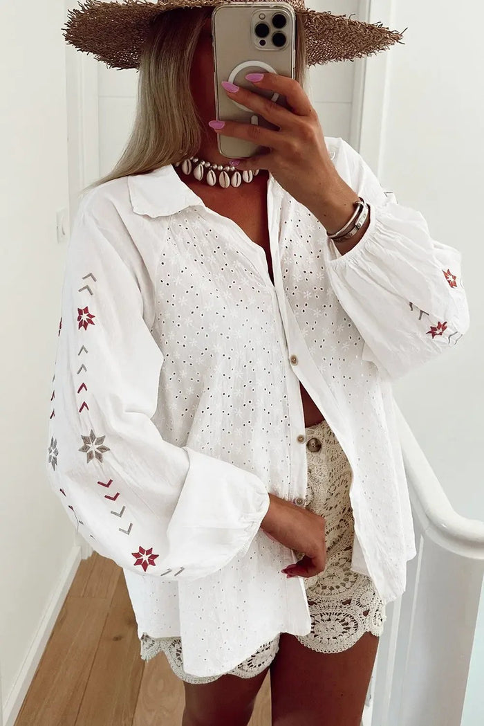 Shop White Floral Embroidered Puff Sleeve Eyelet Patchwork Shirt at eAura