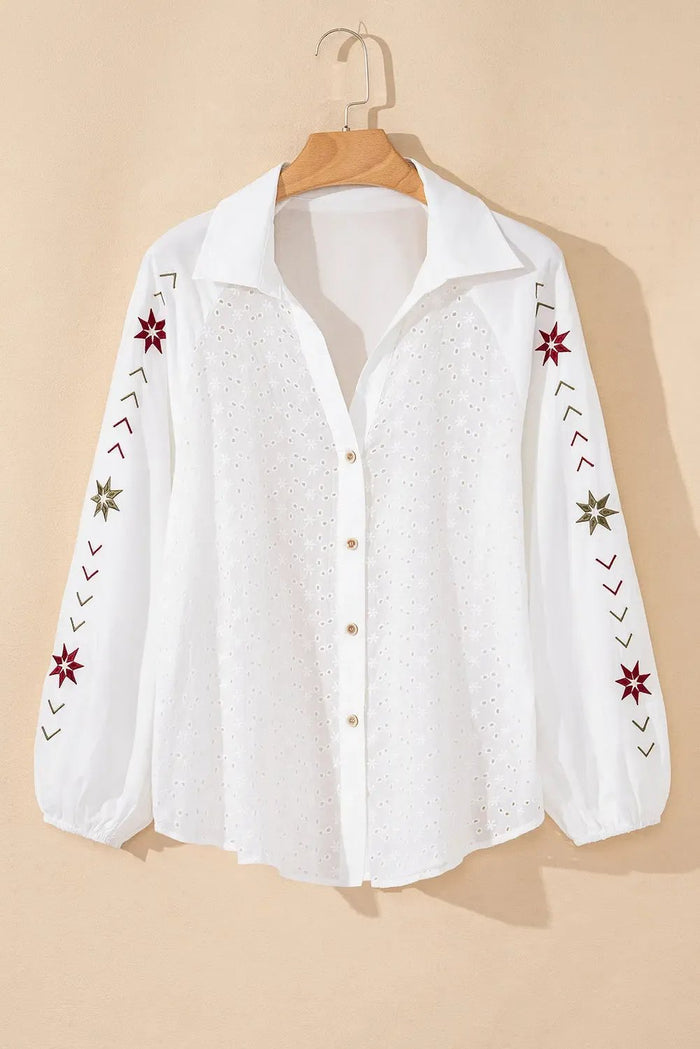 Shop White Floral Embroidered Puff Sleeve Eyelet Patchwork Shirt at eAura