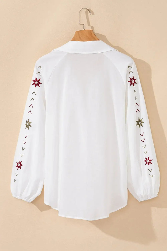 Shop White Floral Embroidered Puff Sleeve Eyelet Patchwork Shirt at eAura