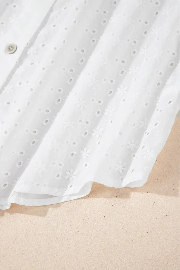 Shop White Floral Embroidered Puff Sleeve Eyelet Patchwork Shirt at eAura