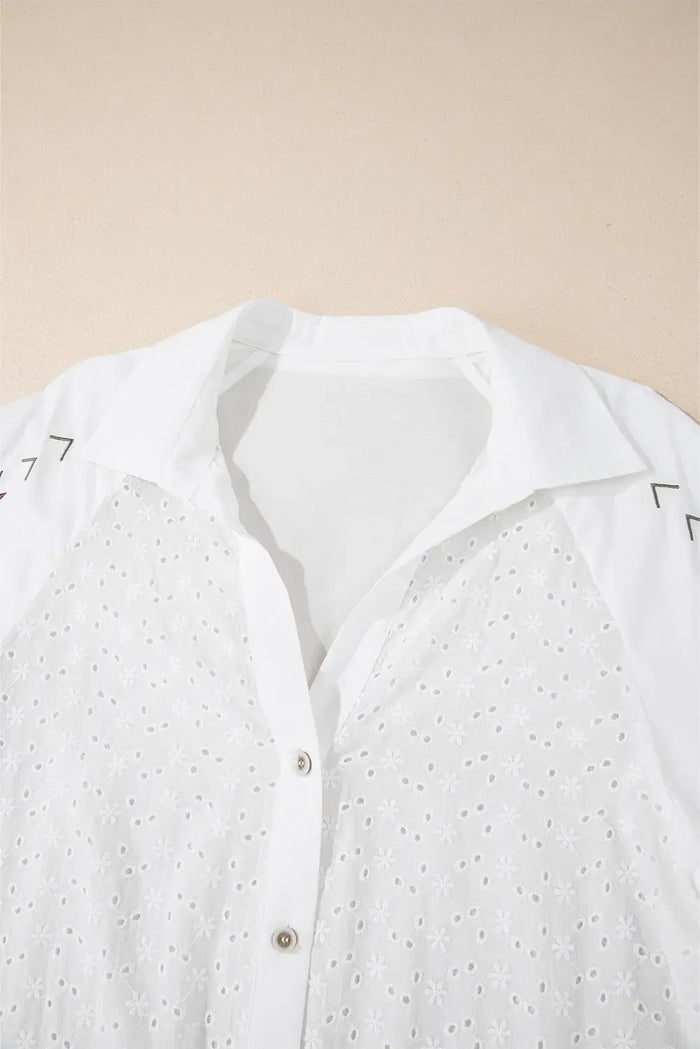 Shop White Floral Embroidered Puff Sleeve Eyelet Patchwork Shirt at eAura