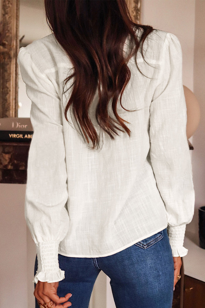 White Floral Embroidered Shirred Sleeve Elegant Shirt - Tops/Blouses & Shirts