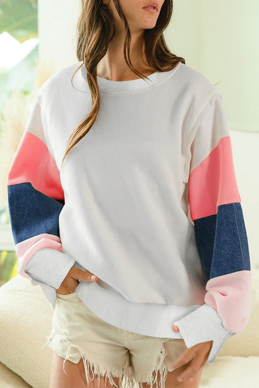 White French Terry Colour Block Long Sleeve Top - WHITE / S / 65% POLYESTER + 35% COTTON - Tops/Long Tops