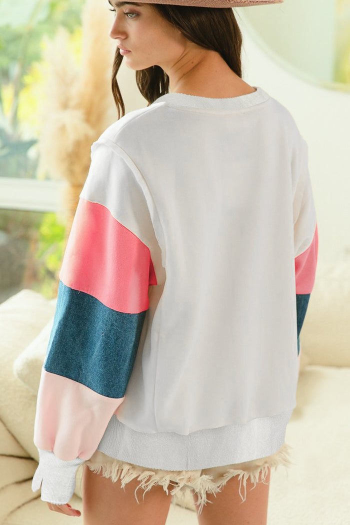 White French Terry Colour Block Long Sleeve Top - Tops/Long Tops