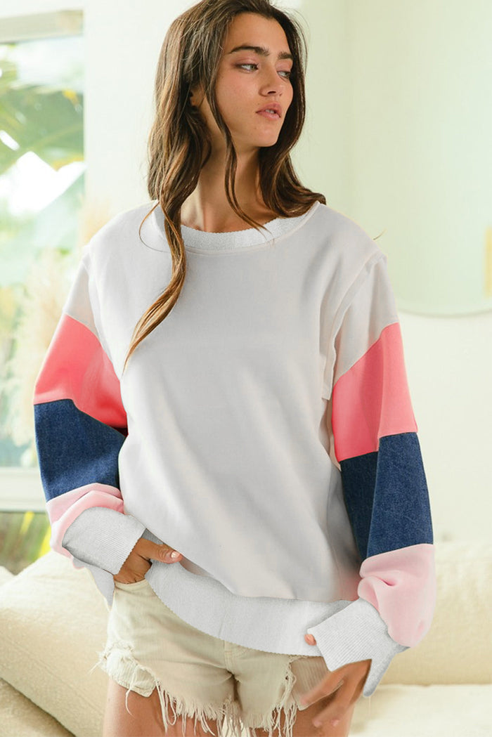 White French Terry Colour Block Long Sleeve Top - Tops/Long Tops