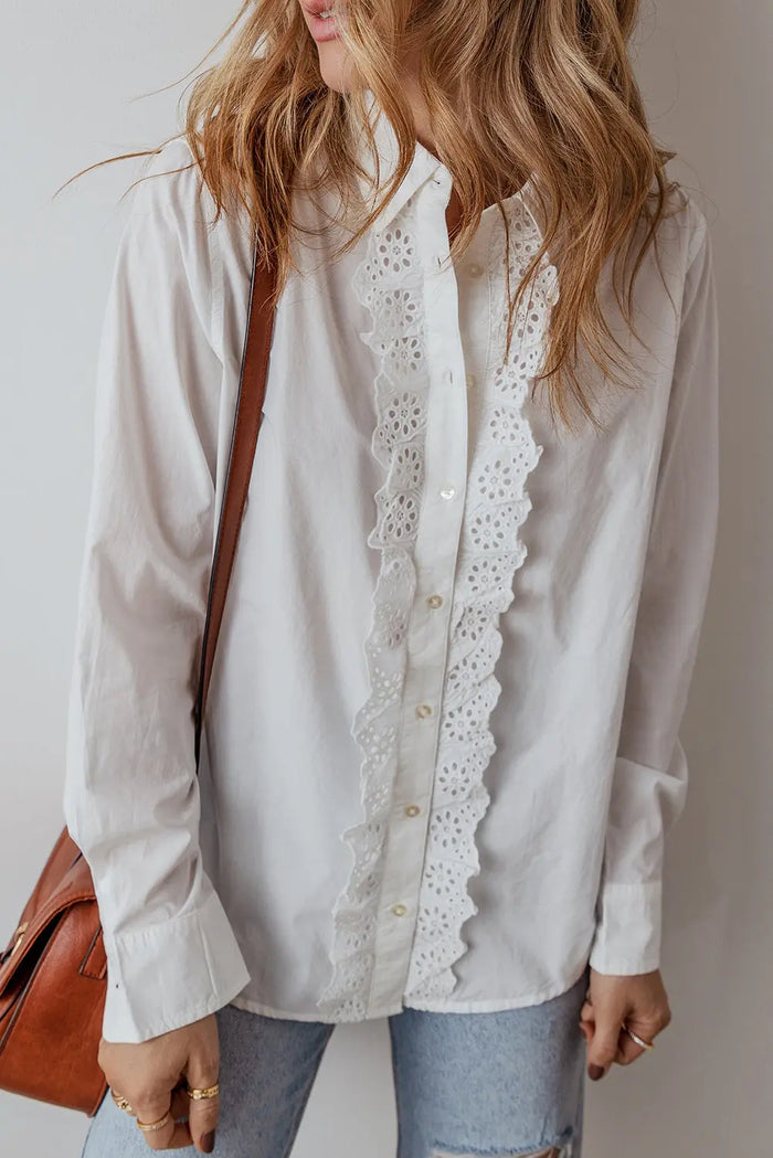 White Lace Crochet Trim Turn Down Collar Buttoned Shirt - WHITE / S / 100% COTTON - Tops/Blouses & Shirts