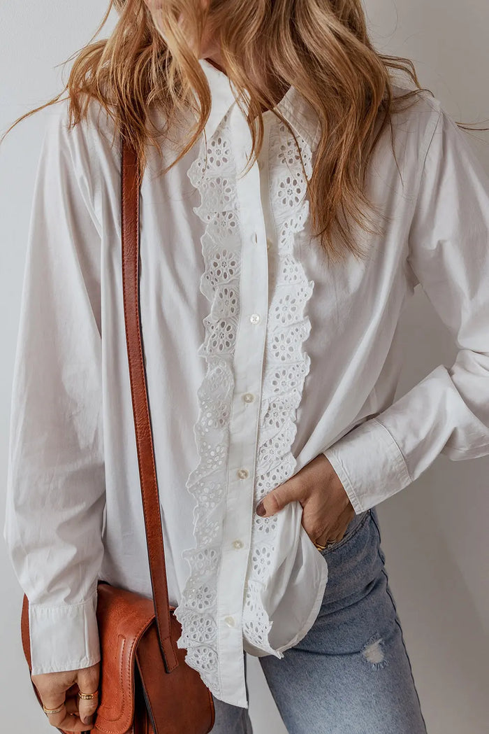 White Lace Crochet Trim Turn Down Collar Buttoned Shirt - Tops/Blouses & Shirts