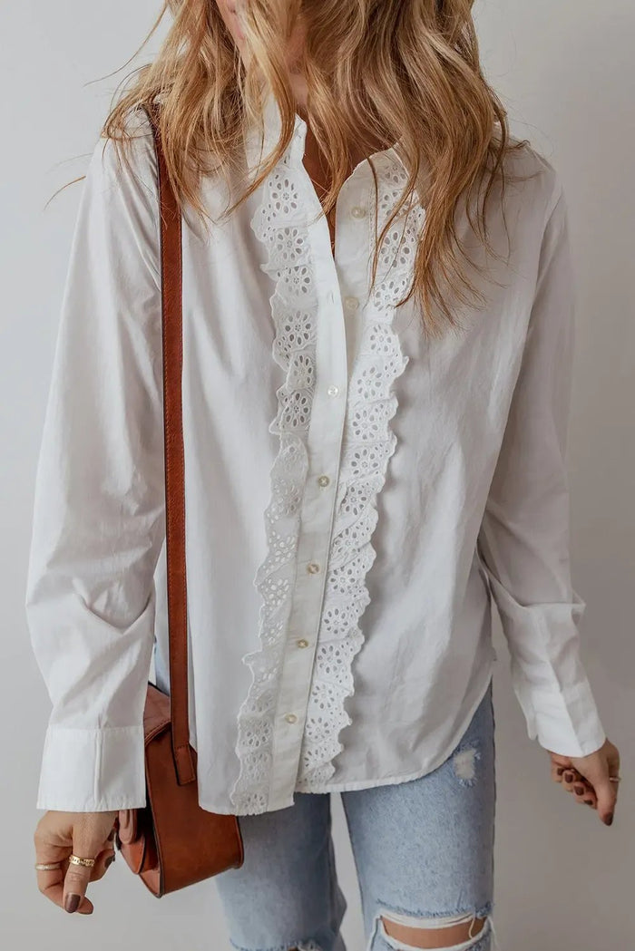 White Lace Crochet Trim Turn Down Collar Buttoned Shirt - Tops/Blouses & Shirts