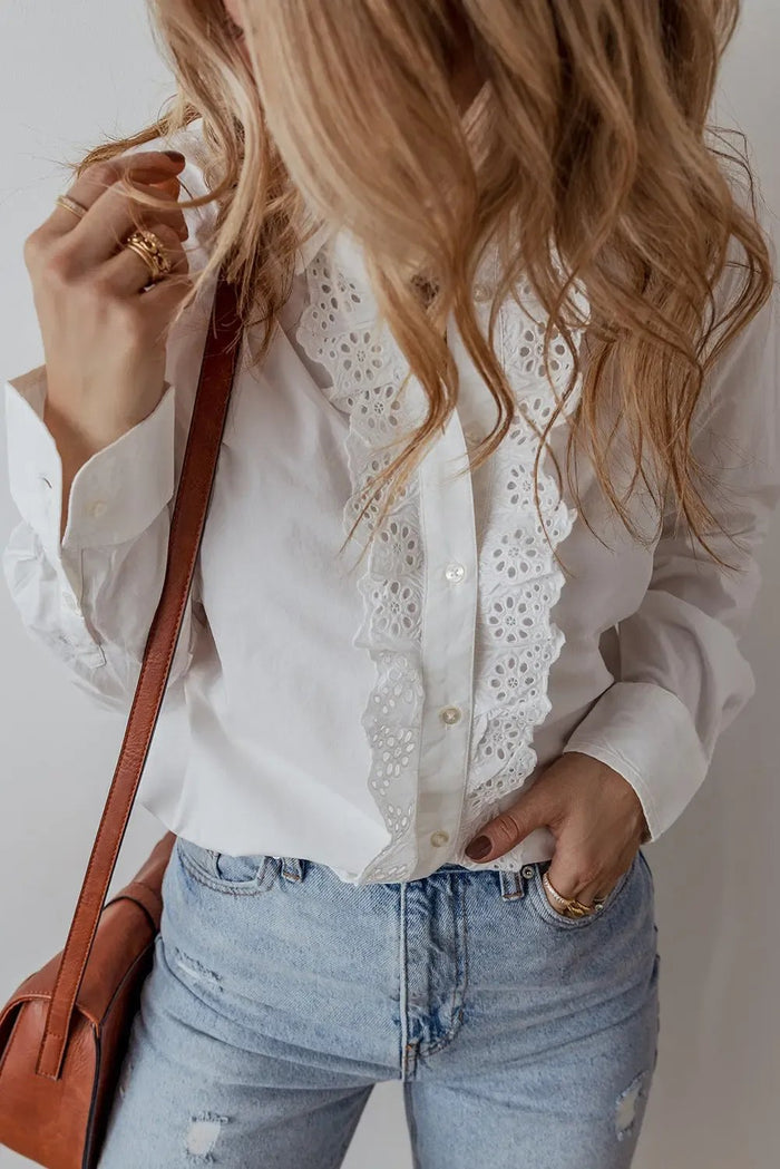 White Lace Crochet Trim Turn Down Collar Buttoned Shirt - Tops/Blouses & Shirts