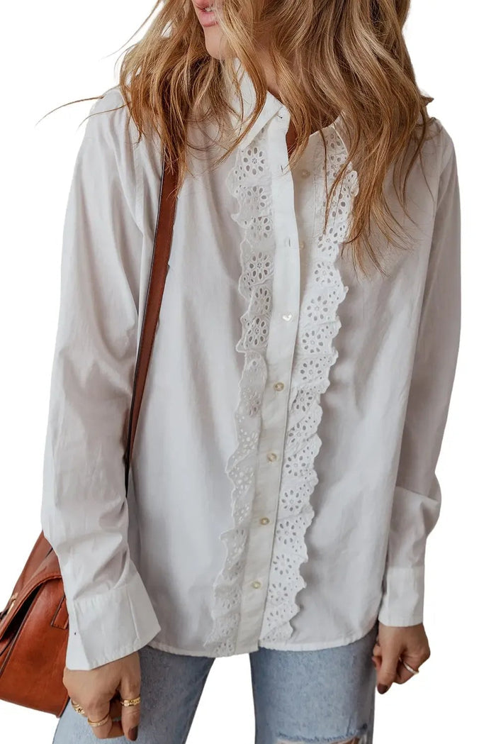 White Lace Crochet Trim Turn Down Collar Buttoned Shirt - Tops/Blouses & Shirts
