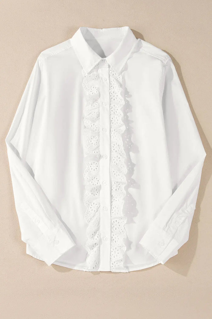 White Lace Crochet Trim Turn Down Collar Buttoned Shirt - Tops/Blouses & Shirts