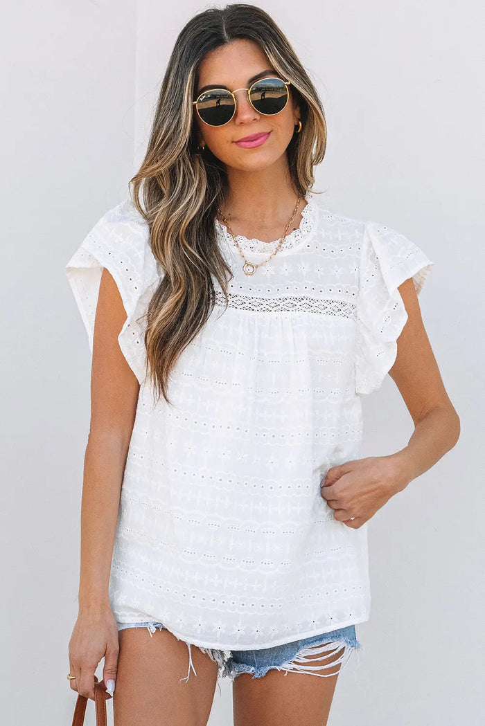 White Lace Neckline Flutter Sleeve Eyelets Blouse - S / 100% Cotton - Tops/Blouses & Shirts