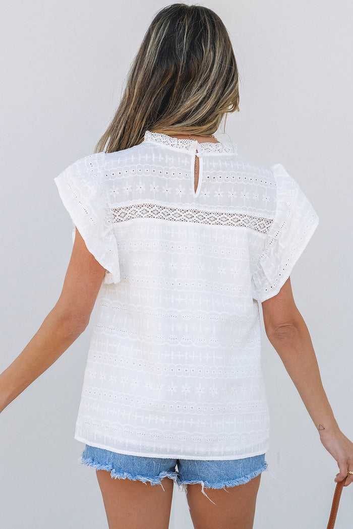 White Lace Neckline Flutter Sleeve Eyelets Blouse - Tops/Blouses & Shirts