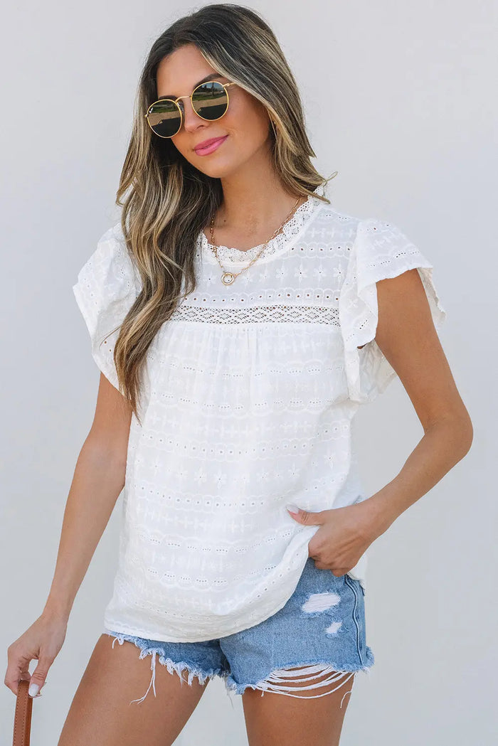 White Lace Neckline Flutter Sleeve Eyelets Blouse - Tops/Blouses & Shirts