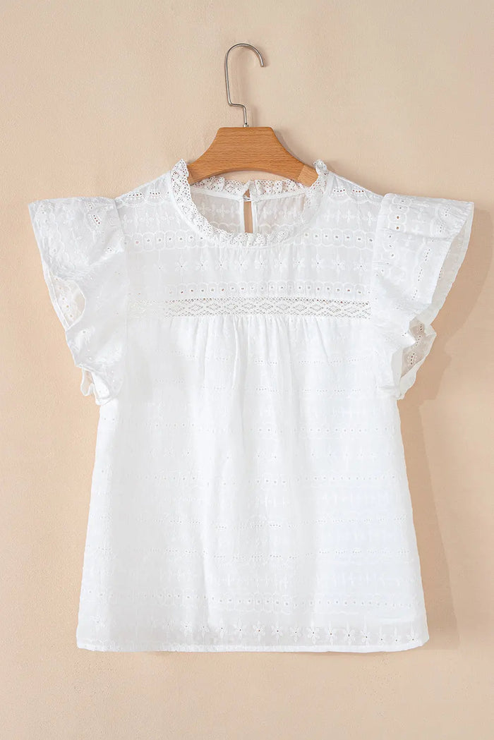 White Lace Neckline Flutter Sleeve Eyelets Blouse - Tops/Blouses & Shirts