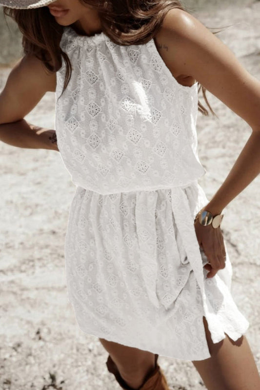 White Lace Sleeveless Knot Hollow Out Back Tied Waist Mini Dress - S / 90% Polyester + 10% Elastane - Dresses/Mini
