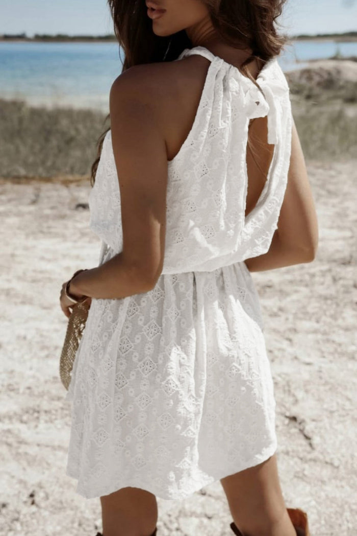 White Lace Sleeveless Knot Hollow Out Back Tied Waist Mini Dress - Dresses/Mini Dresses