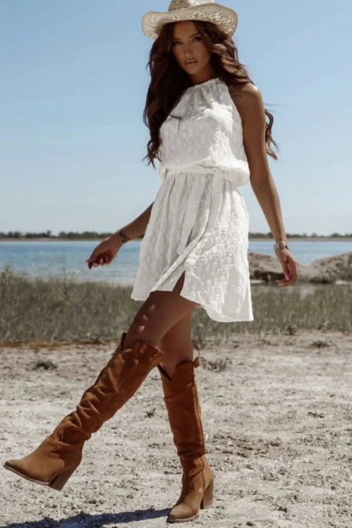White Lace Sleeveless Knot Hollow Out Back Tied Waist Mini Dress - Dresses/Mini Dresses