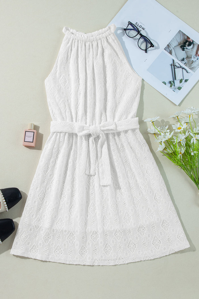 White Lace Sleeveless Knot Hollow Out Back Tied Waist Mini Dress - Dresses/Mini Dresses