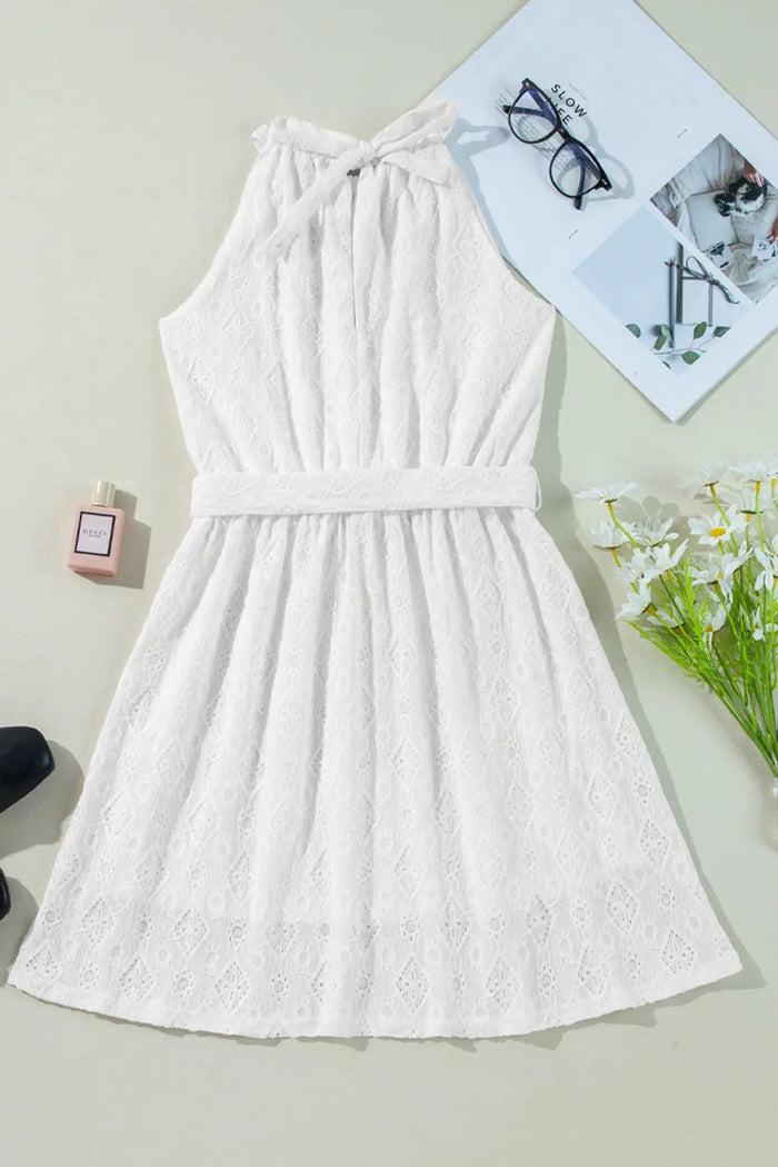 White Lace Sleeveless Knot Hollow Out Back Tied Waist Mini Dress - Dresses/Mini Dresses