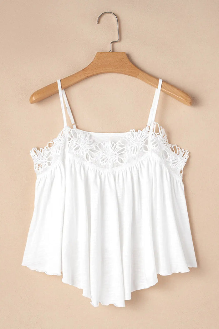 White Lace Splicing Spaghetti Straps Ruffle Flared Vest Top - Tops/Vest Tops