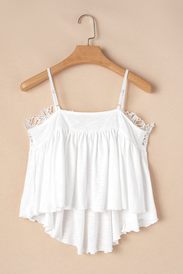 White Lace Splicing Spaghetti Straps Ruffle Flared Vest Top - Tops/Vest Tops