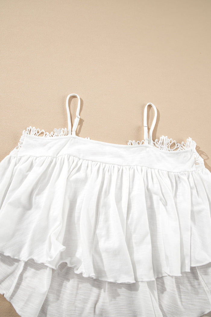 White Lace Splicing Spaghetti Straps Ruffle Flared Vest Top - Tops/Vest Tops