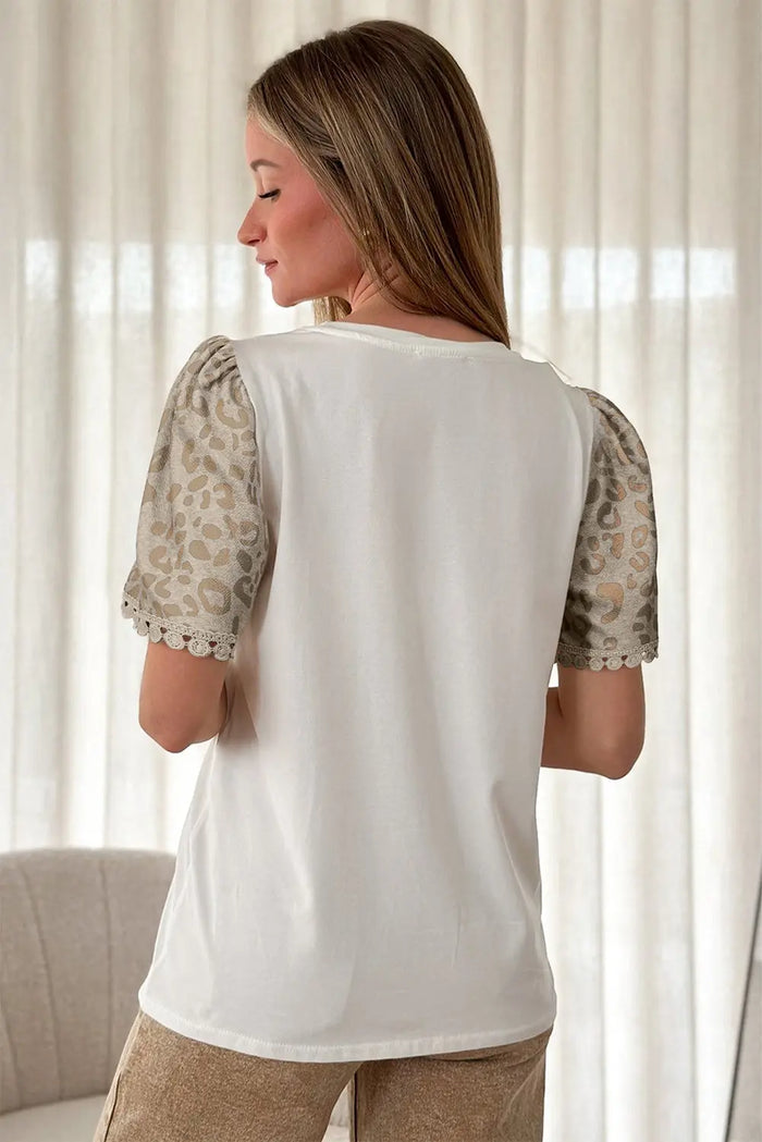 White Leopard Patchwork Crochet Lace Trim Puff Sleeve T Shirt - Tops/Tops & Tees