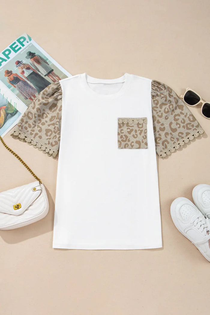 White Leopard Patchwork Crochet Lace Trim Puff Sleeve T Shirt - Tops/Tops & Tees