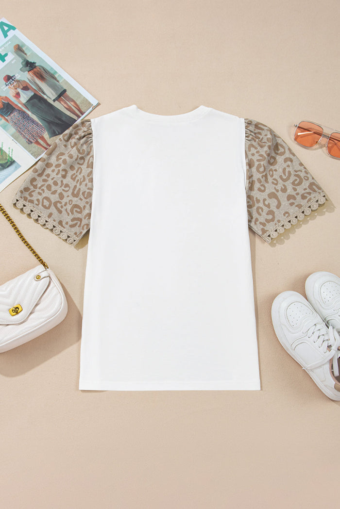 White Leopard Patchwork Crochet Lace Trim Puff Sleeve T Shirt - Tops/Tops & Tees