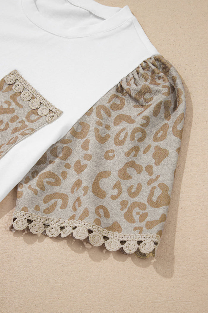 White Leopard Patchwork Crochet Lace Trim Puff Sleeve T Shirt - Tops/Tops & Tees