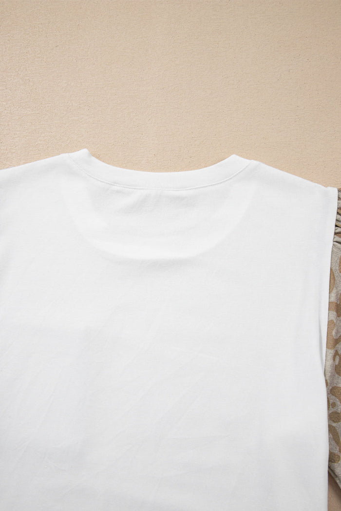 White Leopard Patchwork Crochet Lace Trim Puff Sleeve T Shirt - Tops/Tops & Tees