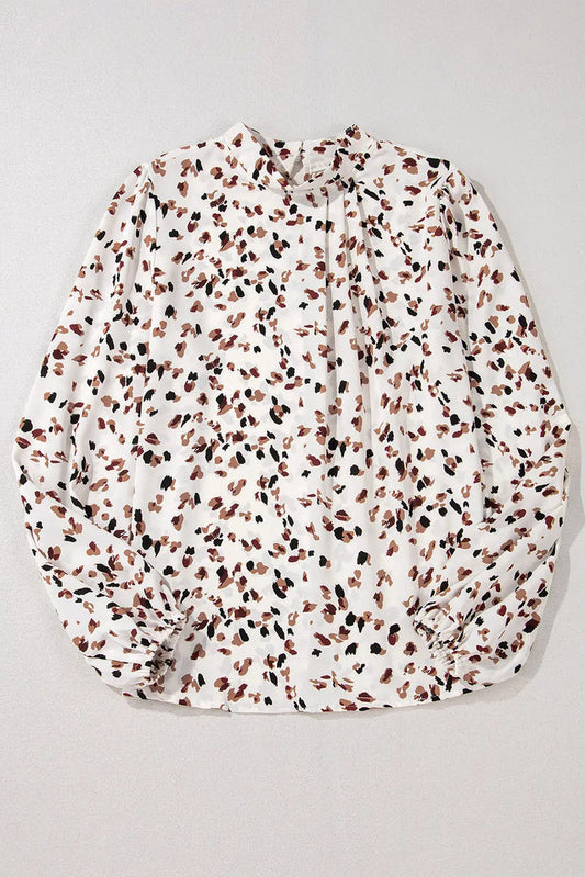 Shop White Leopard Print Lantern Sleeve Mock Neck Pleated Blouse at eAura