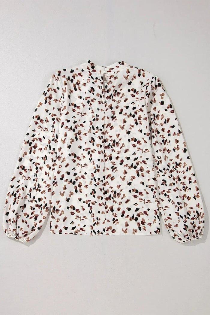 Shop White Leopard Print Lantern Sleeve Mock Neck Pleated Blouse at eAura