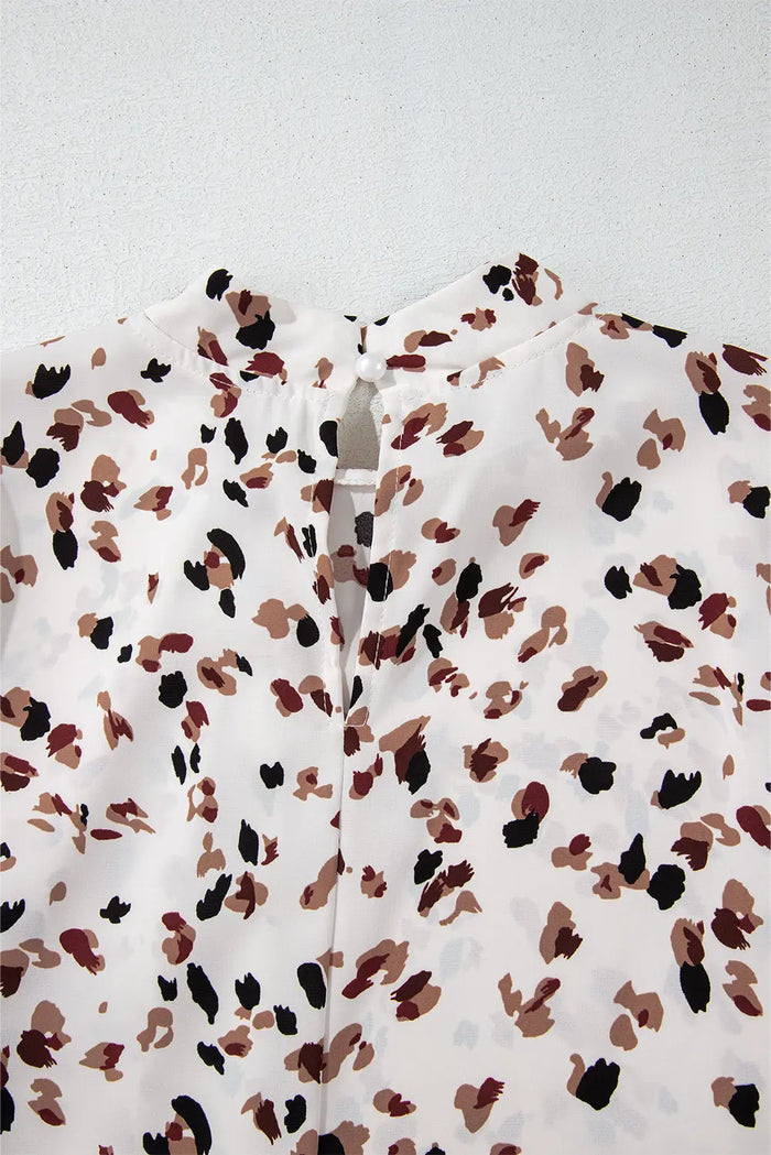 Shop White Leopard Print Lantern Sleeve Mock Neck Pleated Blouse at eAura