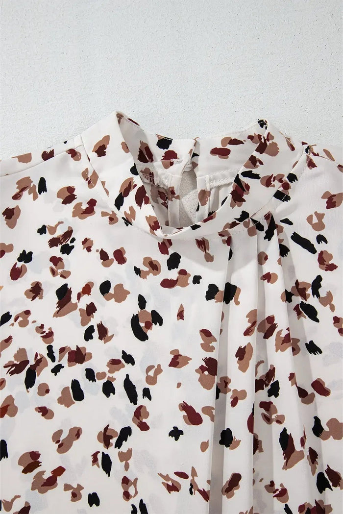 Shop White Leopard Print Lantern Sleeve Mock Neck Pleated Blouse at eAura