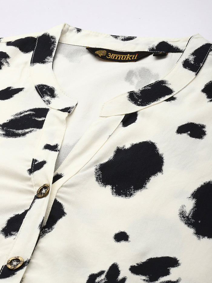 White Printed Mandarin Collar Tunic, Printed short top, short kurta, printed tunic, mandarin collar Tunic, casual wear Tunic, women’s tunic, Office Wear Tunic