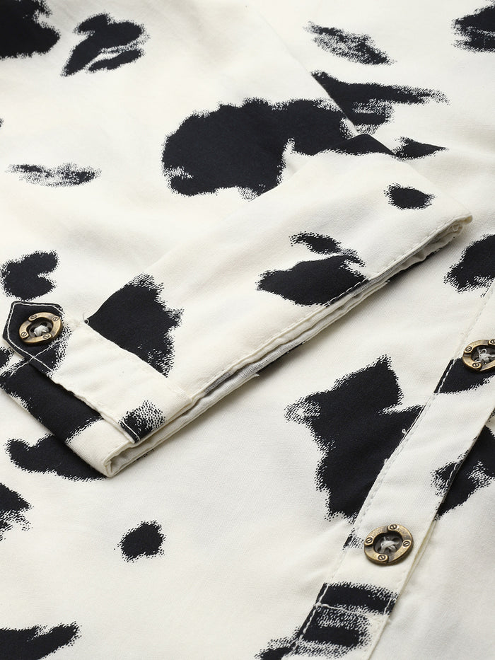 White Printed Mandarin Collar Tunic, Printed short top, short kurta, printed tunic, mandarin collar Tunic, casual wear Tunic, women’s tunic, Office Wear Tunic