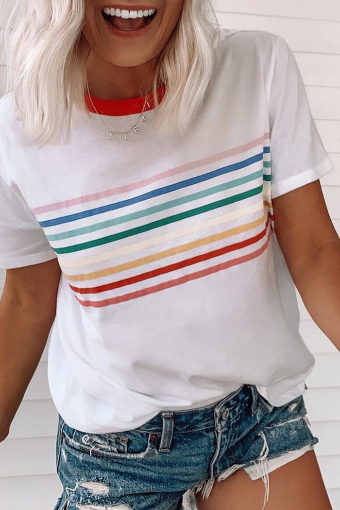 White Rainbow Stripe Print Contrast Crewneck T Shirt - S / 95% Cotton + 5% Elastane - Tops/Tops & Tees