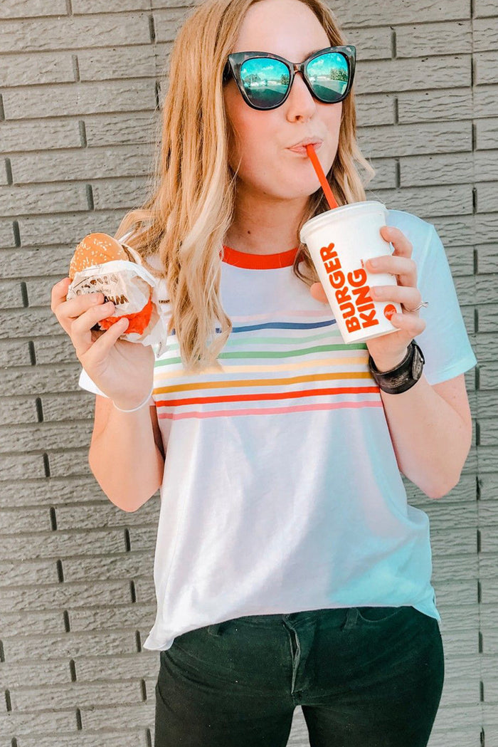 White Rainbow Stripe Print Contrast Crewneck T Shirt - Tops/Tops & Tees