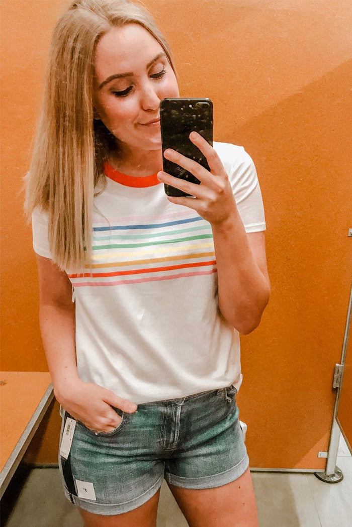 White Rainbow Stripe Print Contrast Crewneck T Shirt - Tops/Tops & Tees