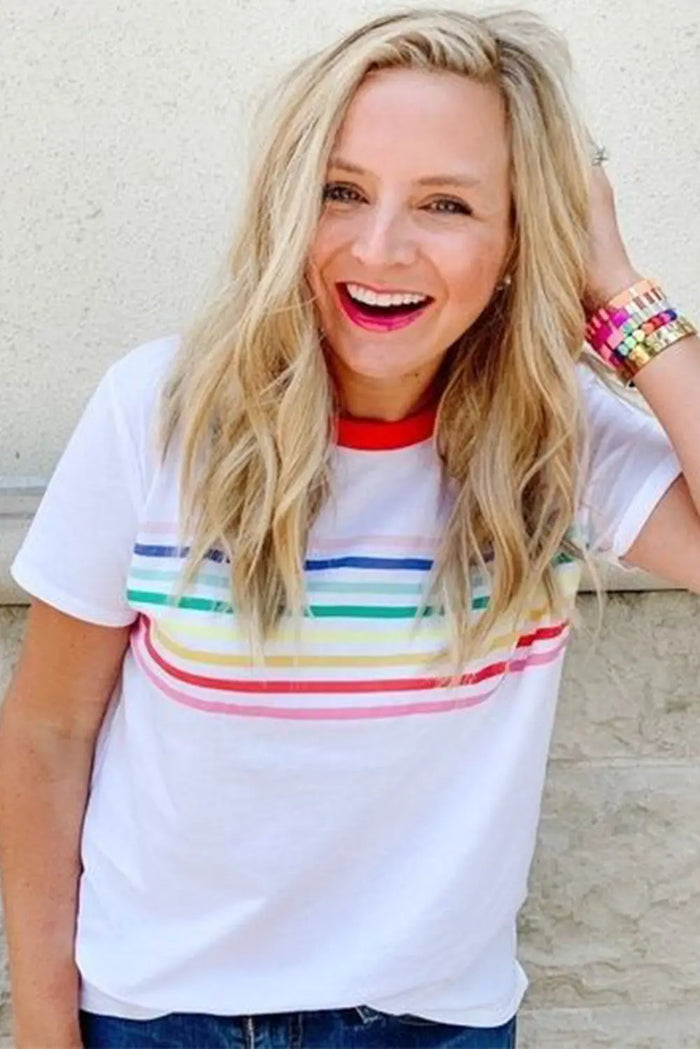 White Rainbow Stripe Print Contrast Crewneck T Shirt - Tops/Tops & Tees