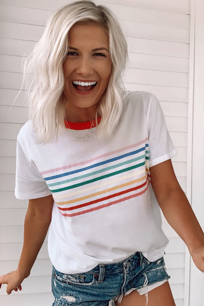 White Rainbow Stripe Print Contrast Crewneck T Shirt - Tops/Tops & Tees