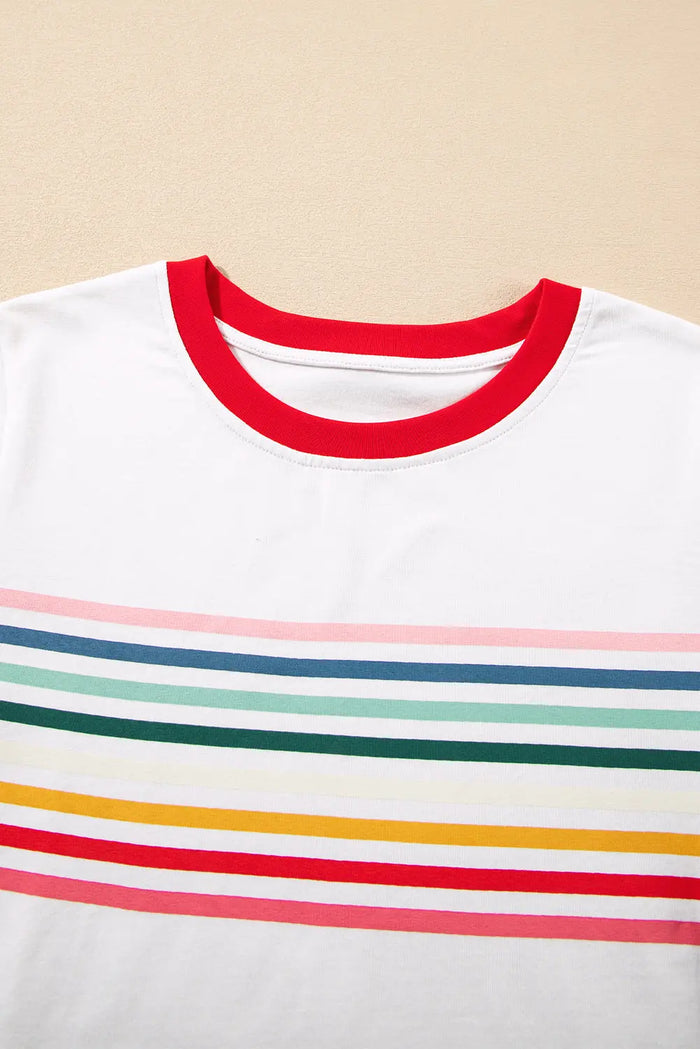 White Rainbow Stripe Print Contrast Crewneck T Shirt - Tops/Tops & Tees