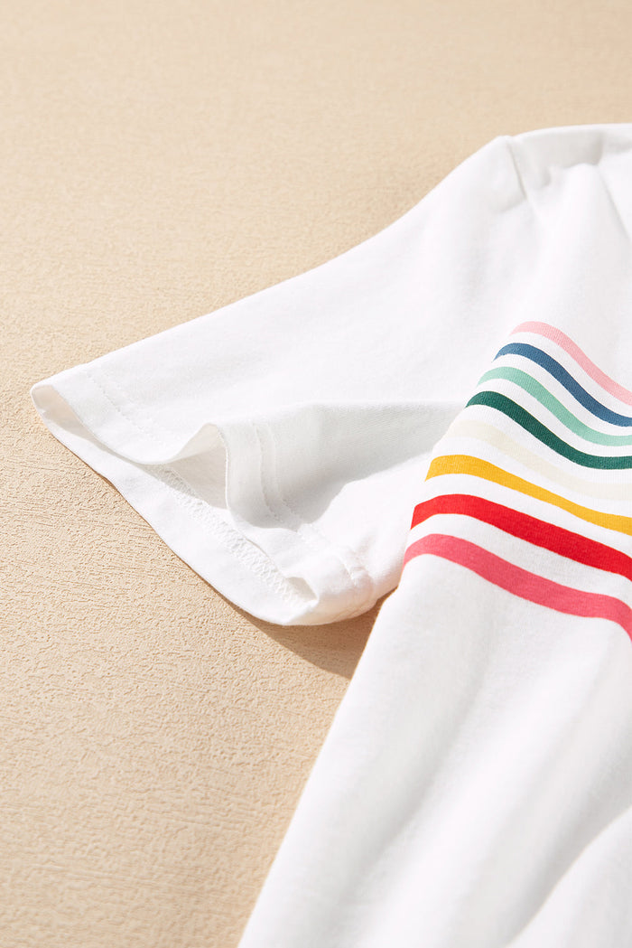 White Rainbow Stripe Print Contrast Crewneck T Shirt - Tops/Tops & Tees