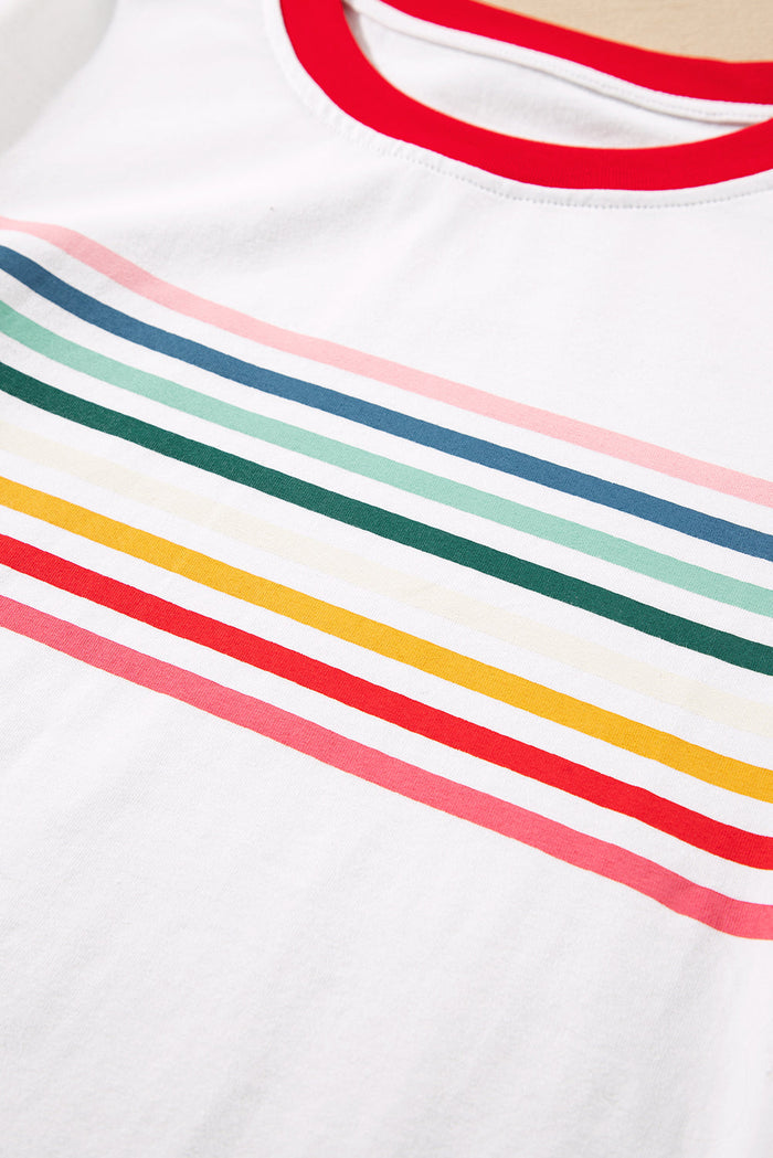White Rainbow Stripe Print Contrast Crewneck T Shirt - Tops/Tops & Tees