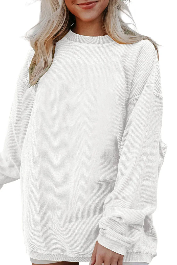 White Ribbed Corduroy Oversized Sweatshirt - WHITE / S / 100% POLYESTER - Tops/Sweatshirts & Hoodies