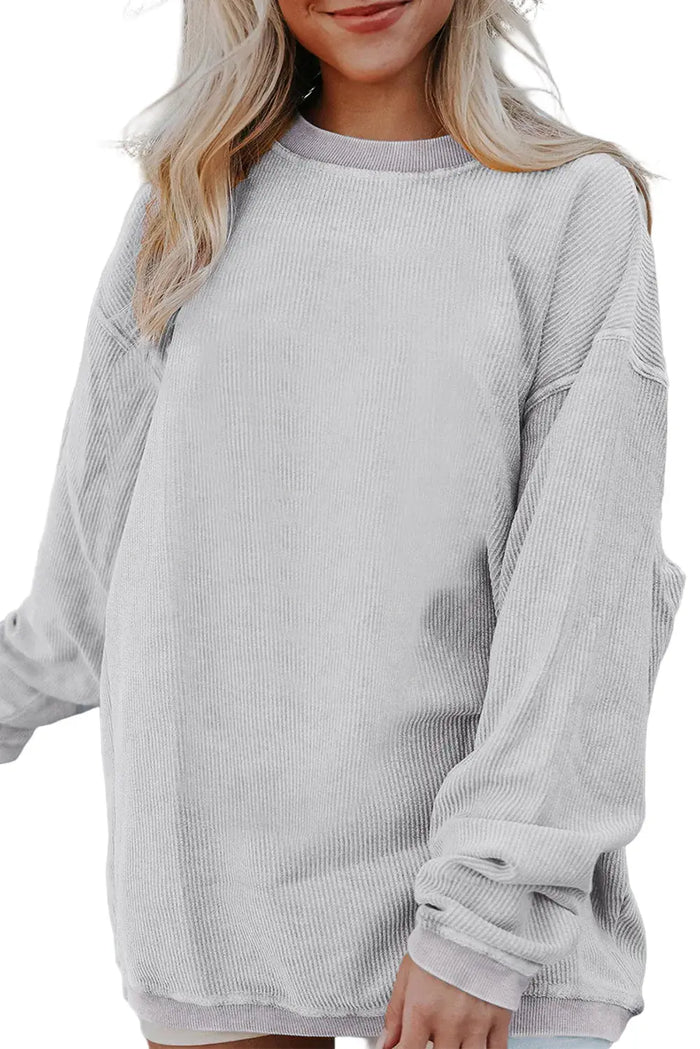 White Ribbed Corduroy Oversized Sweatshirt - LIGHT GREY / S / 100% POLYESTER - Tops/Sweatshirts & Hoodies